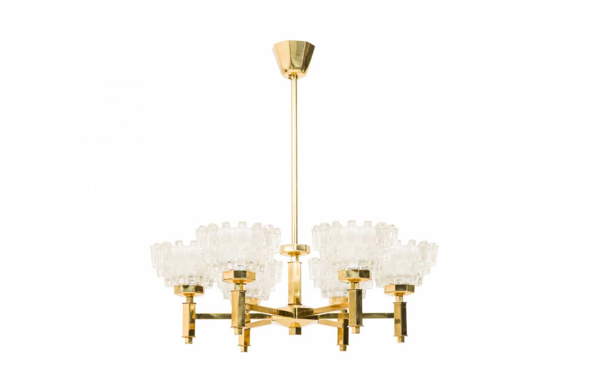 2 Hans Agne Jakobsson Swedish Mid Century Brass and Frosted Geometric cut glass chandeliers
